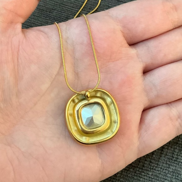 Blue Zircon Cushion Cut Crystal Necklace 18K Gold Bezel Setting Zircon Amulet - Picture 3 of 9